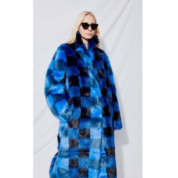 STAND STUDIO Women's Mio Blue Black Checkered Faux Fur Trench Coat Size XS - Picture 2 of 7